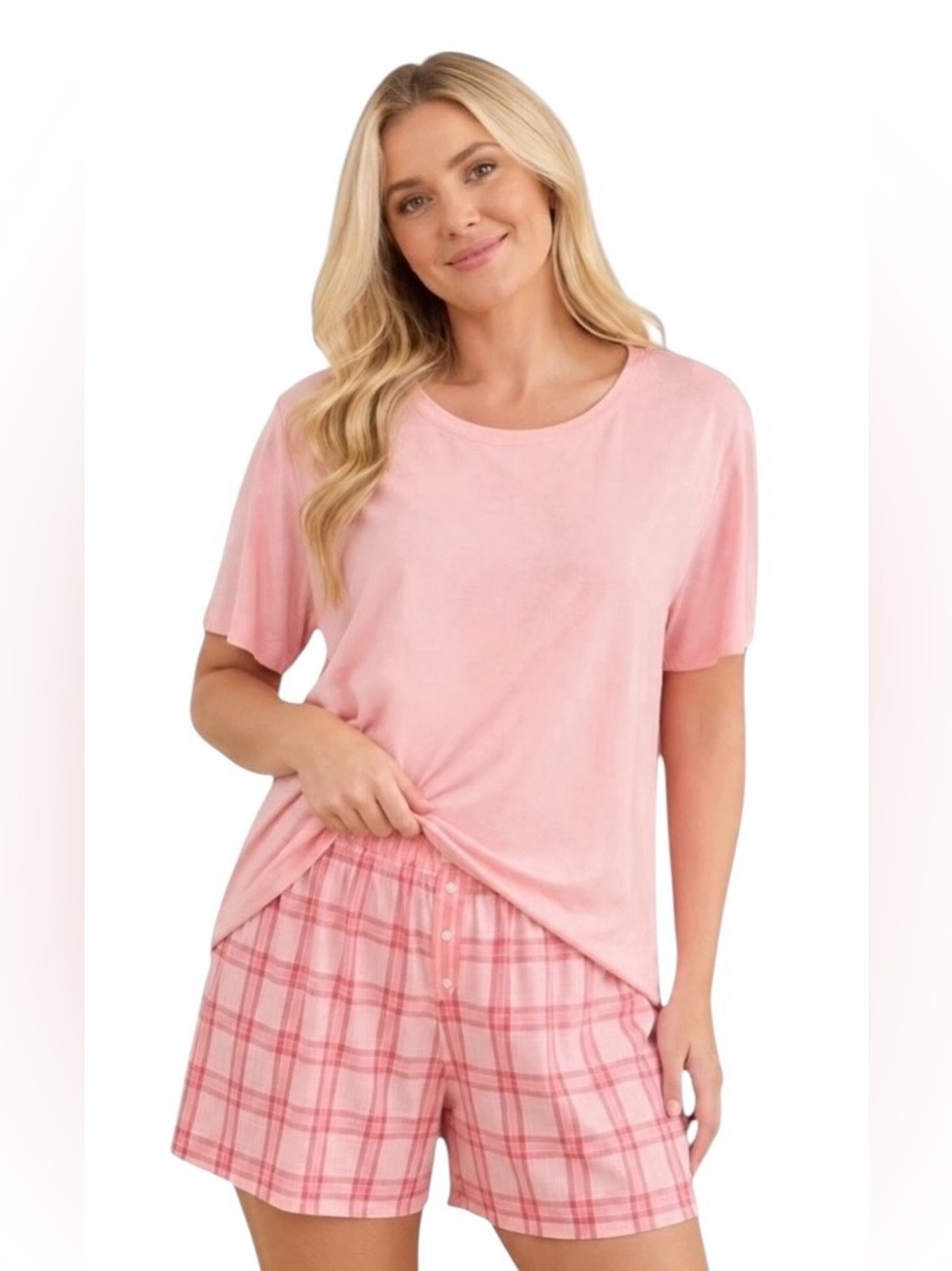 STATE OF DAY Pink Plaid Pajama Set Sleep Tee Boxer Shorts Women Plus NWT